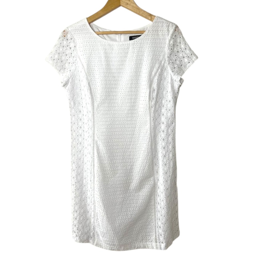 Ellen Tracy Womens White Eyelet Floral Lace Shift Dress Size 14‎ Short Sleeve